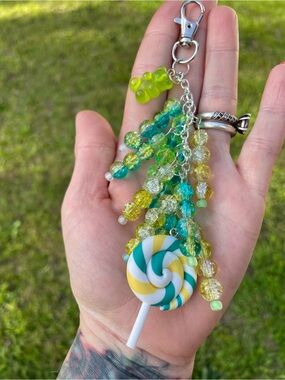 Handmade Lollipop & Beaded handmade purse charm - Yellow, Teal, Lime